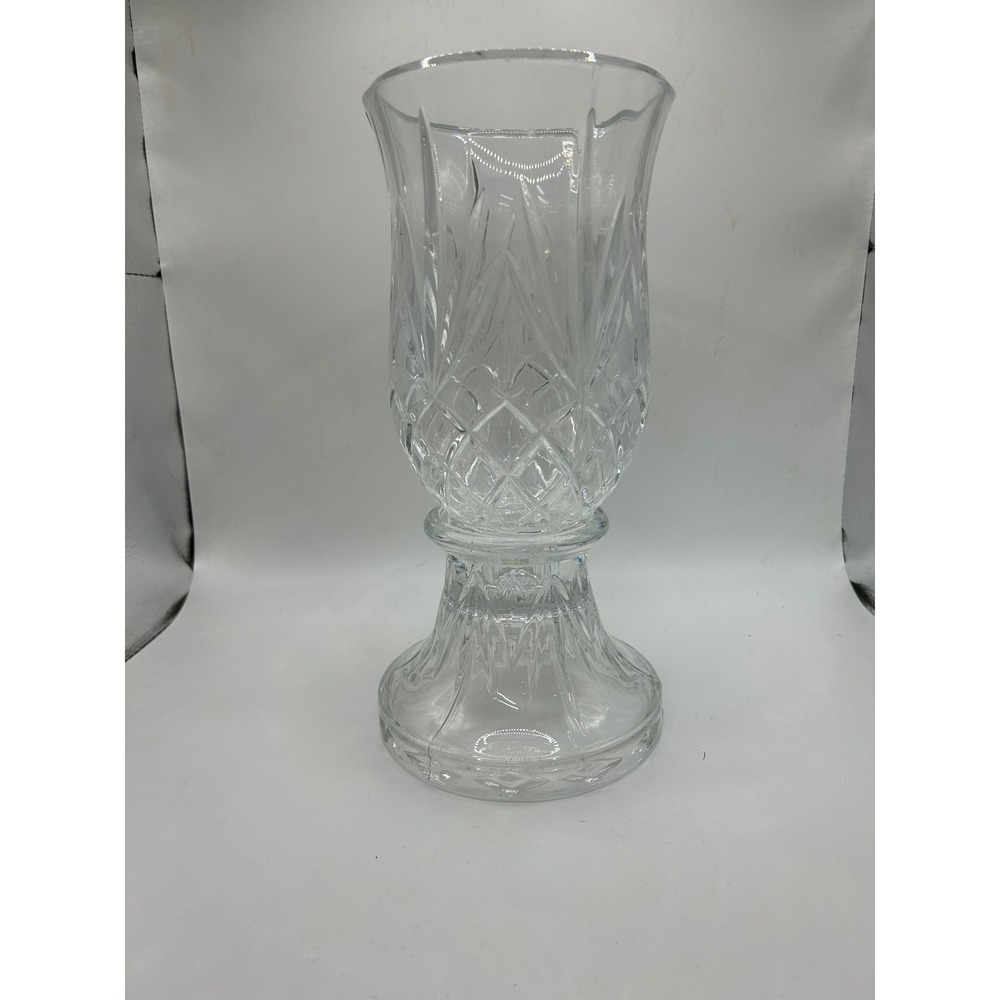 Clear Pressed Glass Hurricane Candle Holder 2 Piece Diamond Cut Pedestal 10.5in